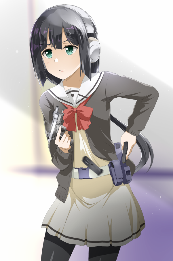 1girl, beige_dress, black_hair, black_legwear, blurry, clip_(weapon), closed_mouth, commentary