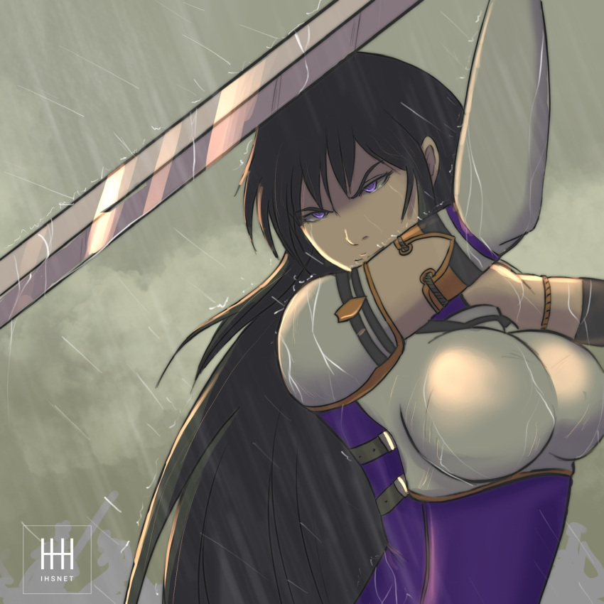 1girl, angry, armor, artist_name, ayra_(fire_emblem), black_hair, breastplate, clouds