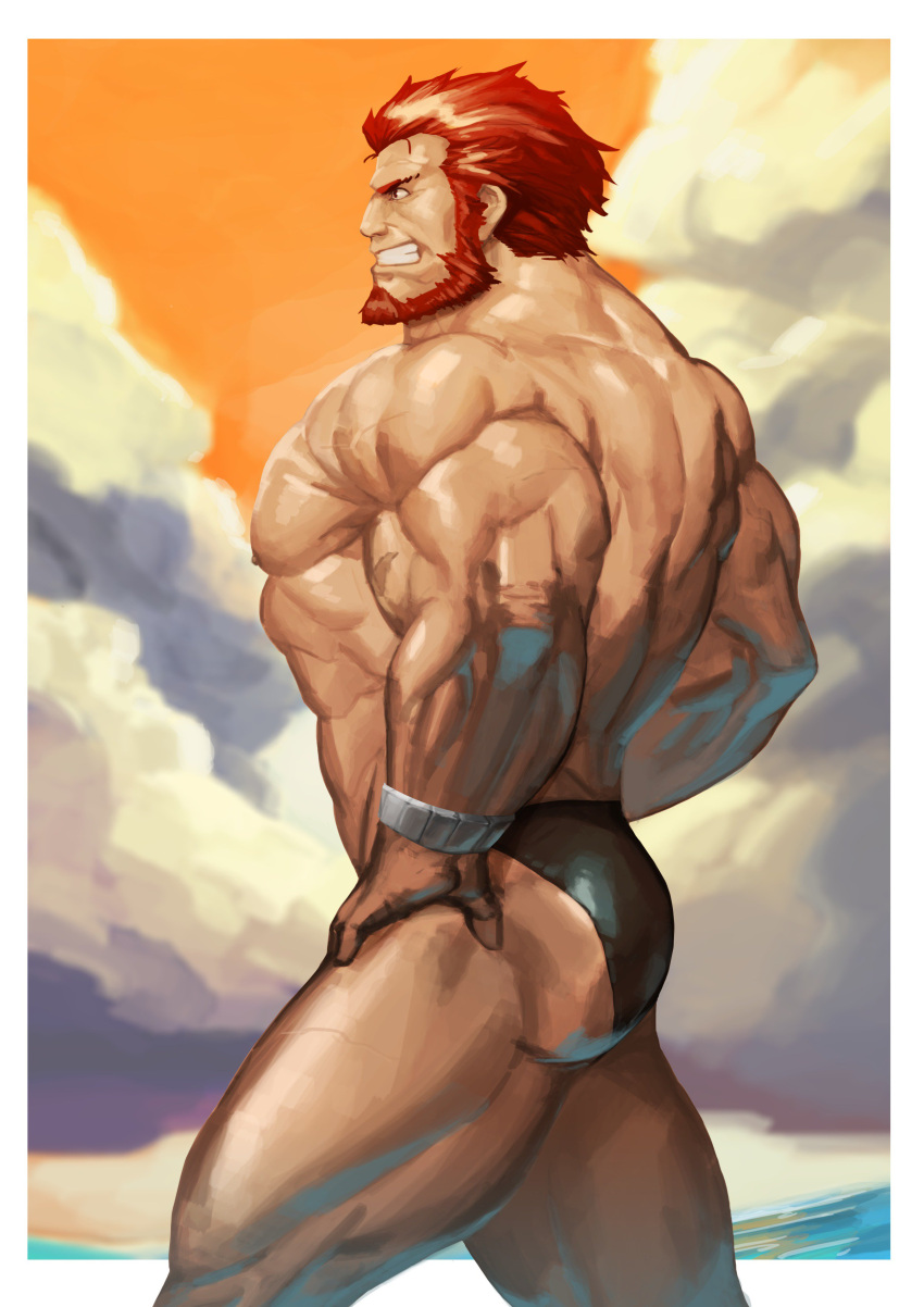 1boy, absurdres, ass, bara, beach, beard, bracelet, chest