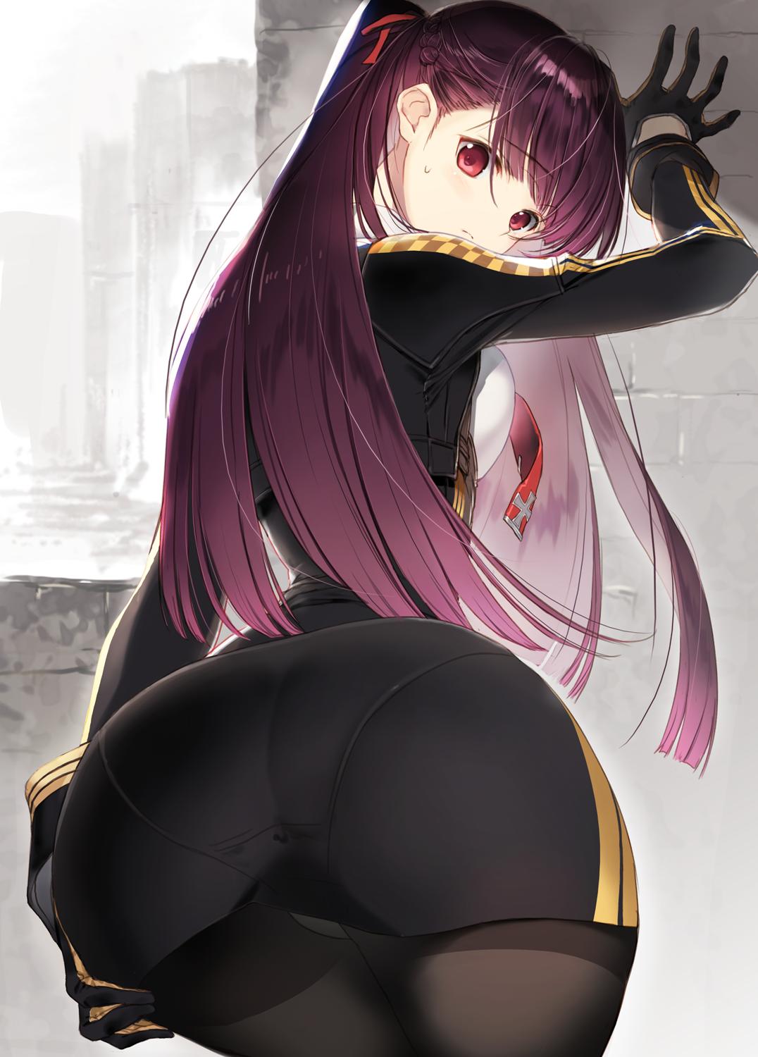 1girl, arm_up, ass, bangs, blush, breasts, closed_mouth, commentary