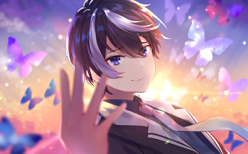 1boy, black_hair, bug, butterfly, doumyouji_haruto, game_club_project, grey_hair, hair_ornament