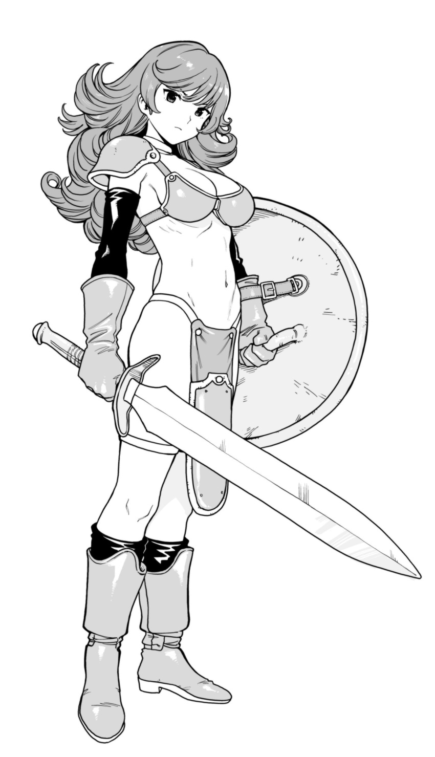 1girl, absurdres, armor, bikini_armor, circlet, dragon_quest, dragon_quest_iii, elbow_gloves, full_body, gloves, hair_ornament, helmet, highres, looking_at_viewer, mitre, monochrome, nishi_yusuke, shield, short_hair, shoulder_pads, simple_background, soldier_(dq3), solo, sword, thigh_strap, weapon, winged_helmet