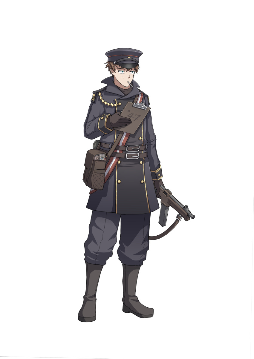 1boy, absurdres, bag, bangs, belt, belt_buckle, black_footwear, boots, brown_gloves, brown_hair, buckle, collar, facing_viewer, full_body, gloves, green_eyes, grey_pants, gun, hat, highres, holding, holding_gun, holding_weapon, long_sleeves, looking_to_the_side, male_focus, map_case, military, military_hat, military_uniform, original, pants, sherman_(egnk2525), solo, standing, submachine_gun, uniform, weapon