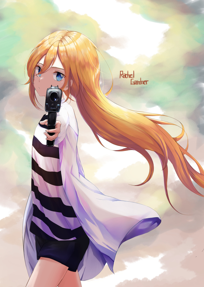 1girl, absurdres, black_shorts, blonde_hair, blue_eyes, character_name, cowboy_shot, csc00014