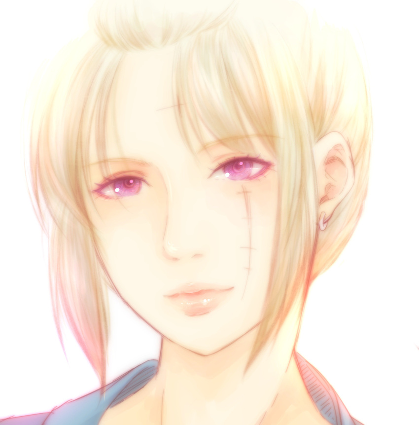 1girl, absurdres, blonde_hair, closed_mouth, earrings, facial_scar, gintama, highres, jewelry, looking_at_viewer, paleatus, ponytail, scar, scar_on_cheek, short_hair, simple_background, solo, tsukuyo_(gintama), violet_eyes, white_background
