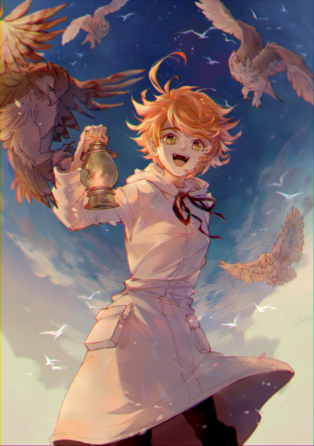1girl, :d, ahoge, bird, black_pants, black_ribbon, blonde_hair, day, emma_(yakusoku_no_neverland), eyebrows_visible_through_hair, holding_lantern, hood, hood_down, hooded_coat, lantern, looking_at_viewer, neck_ribbon, open_mouth, outdoors, pants, ribbon, short_hair, smile, solo, standing, white_coat, wsr_cao_rong_rong, yakusoku_no_neverland, yellow_eyes