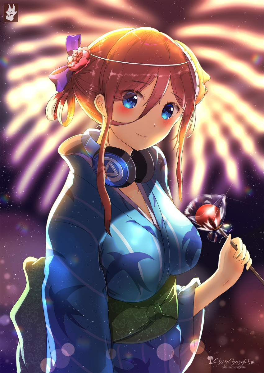 1girl, animal_print, bird_print, blue_eyes, blue_kimono, blurry, blurry_background, bow