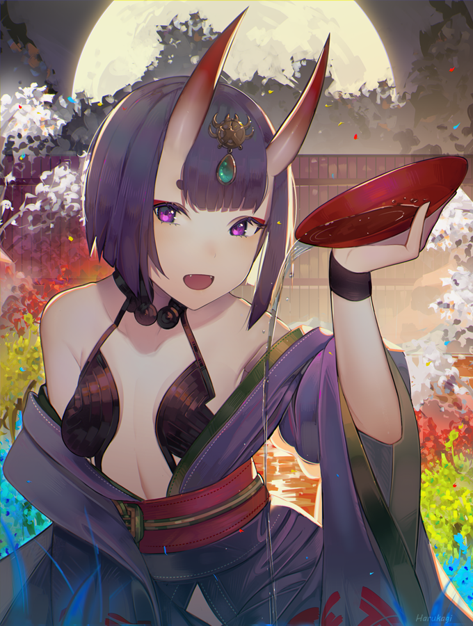 1girl, :d, alcohol, bangs, bare_shoulders, blunt_bangs, bob_cut, cup