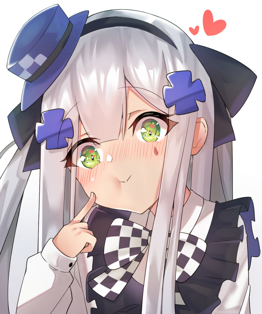 1girl, :t, apron, bangs, black_apron, black_bow, black_hairband, blue_headwear