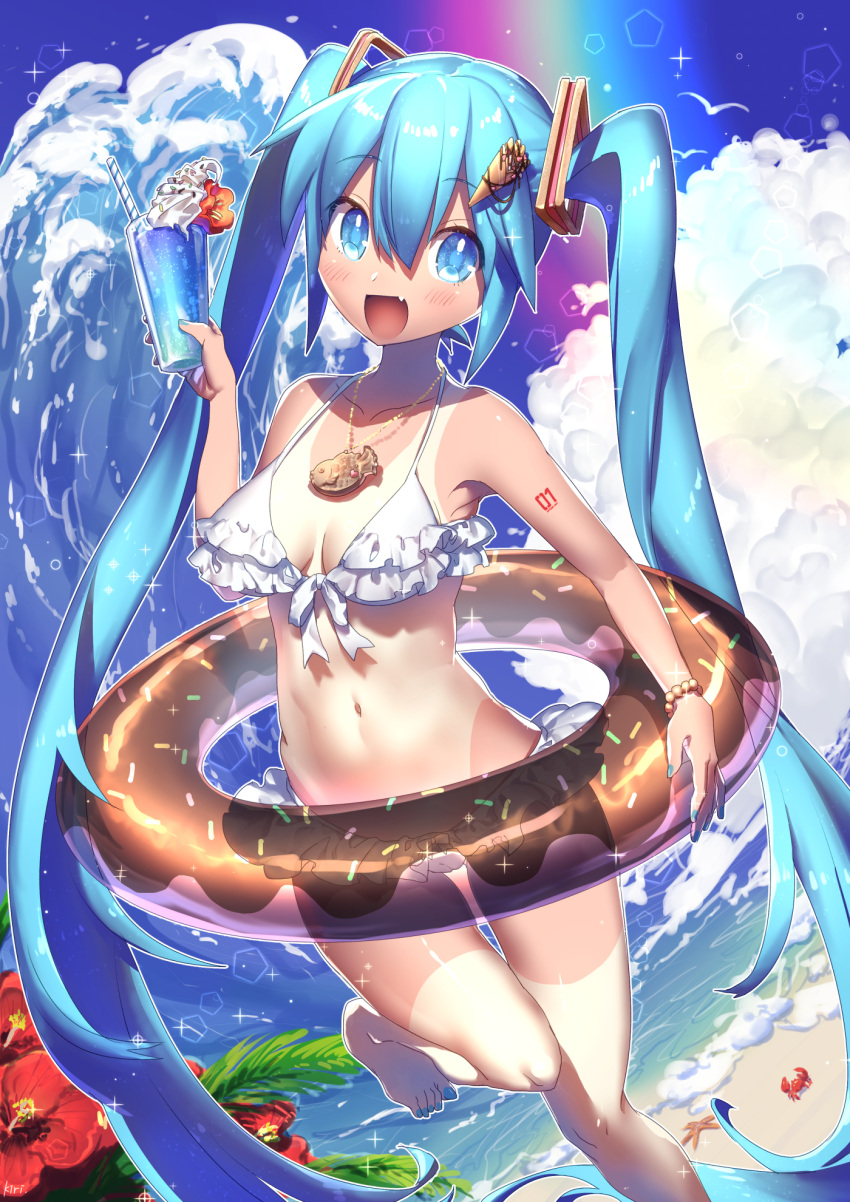 1girl, :d, beach, bikini, bird, blue_eyes, blue_hair, bracelet