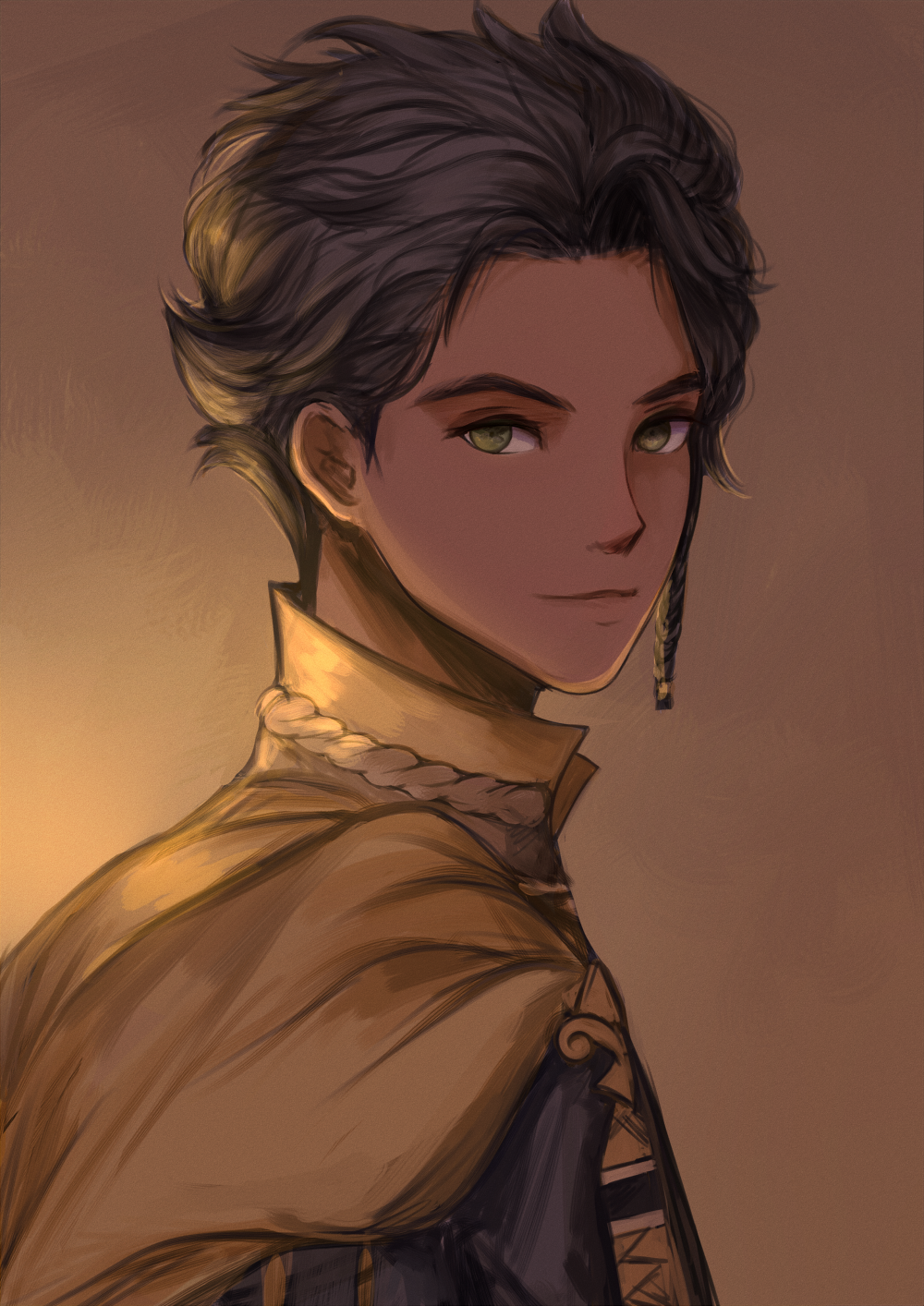 1boy, brown_background, brown_hair, cape, claude_von_regan_(fire_emblem), dark_skin, fire_emblem, fire_emblem:_three_houses