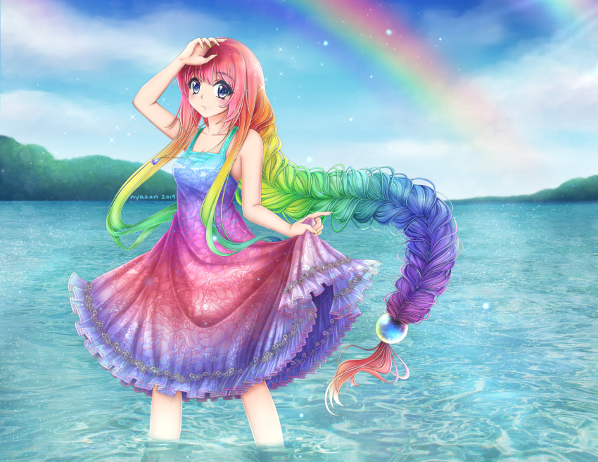 1girl, arm_up, bangs, bare_arms, bare_legs, bare_shoulders, blue_eyes, blush