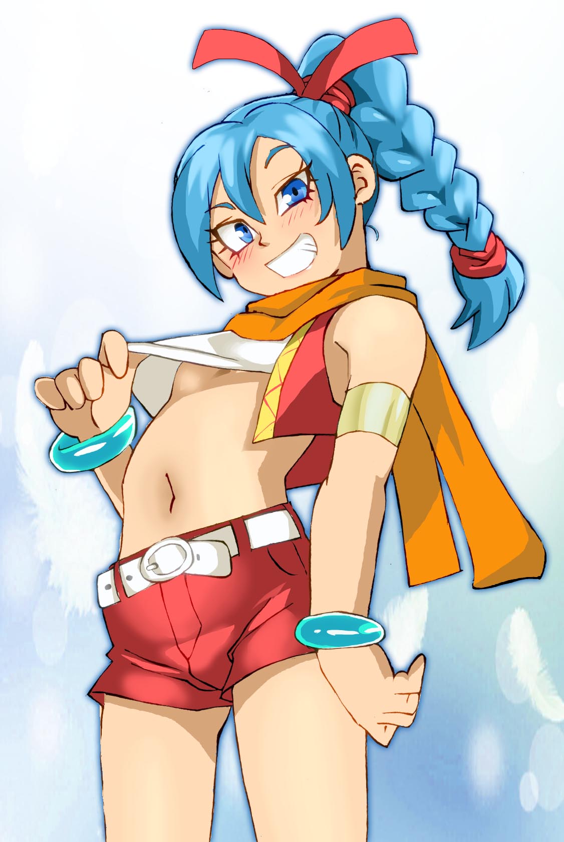 1girl, armband, bangle, belt, blue_eyes, blue_hair, bracelet, braid