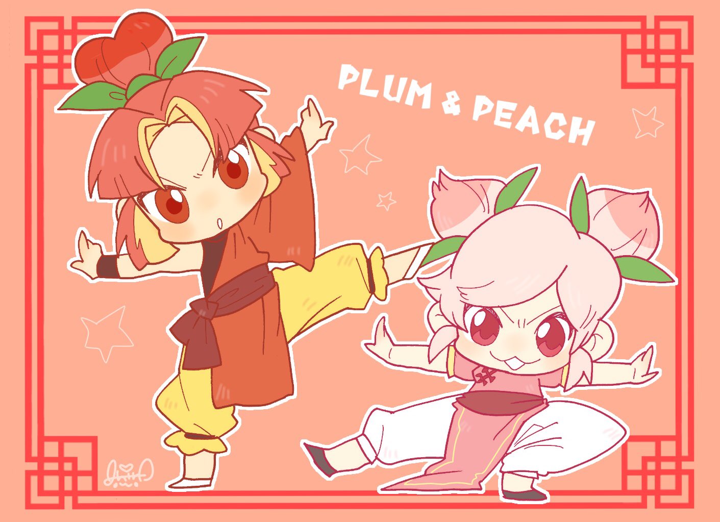 1boy, 1girl, brother_and_sister, character_name, chibi, chinese_clothes, cookie_run, double_bun