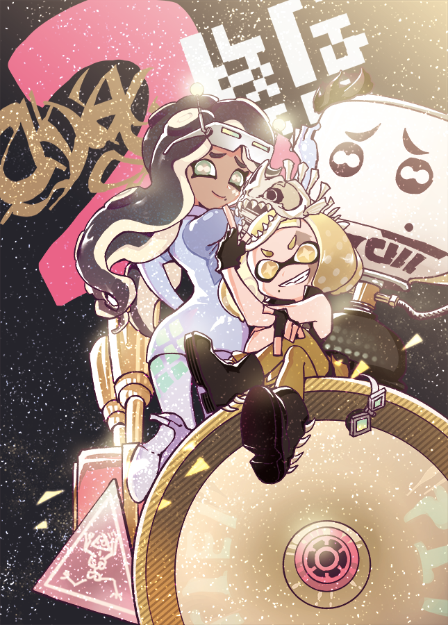 2girls, boots, crossed_legs, dark_skin, fingerless_gloves, fish_bone, glasses, gloves