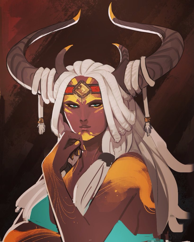1girl, aqua_dress, blue_eyes, bodypaint, breasts, commentary, dark_skin, dress, english_commentary, facepaint, forehead_protector, hair_on_horn, hairlocs, headband, horns, lips, looking_at_viewer, nail_polish, original, portrait, sara_kinnaly, sideboob, solo, tribal, white_hair, yellow_nails