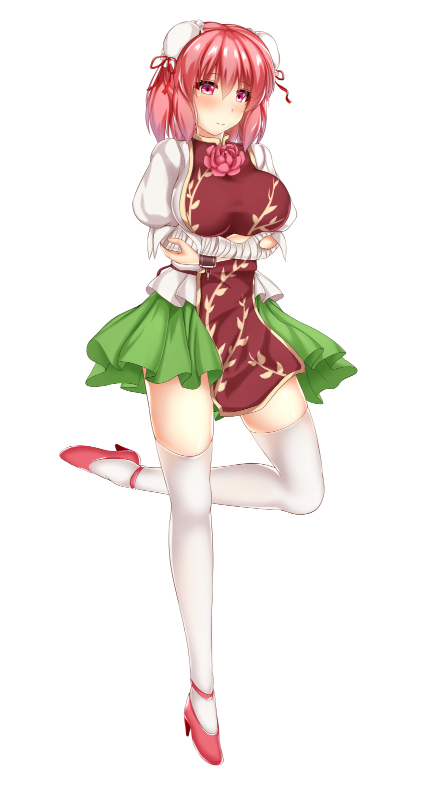 1girl, absurdres, bandaged_arm, bandages, bangs, blush, breast_hold, breasts