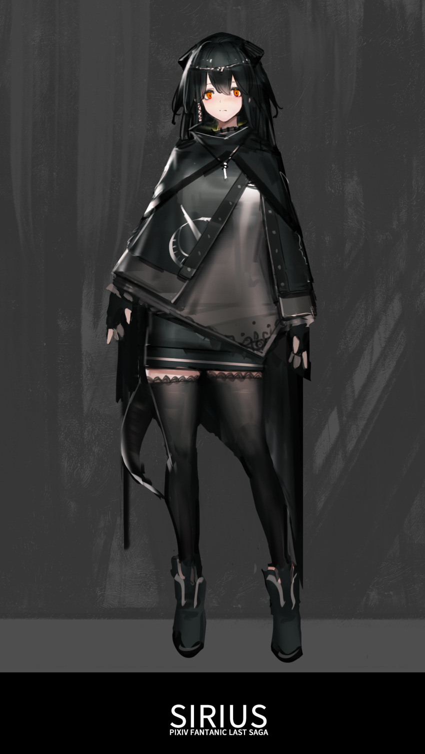 1girl, absurdres, black_gloves, black_hair, black_legwear, cape, fingerless_gloves, full_body