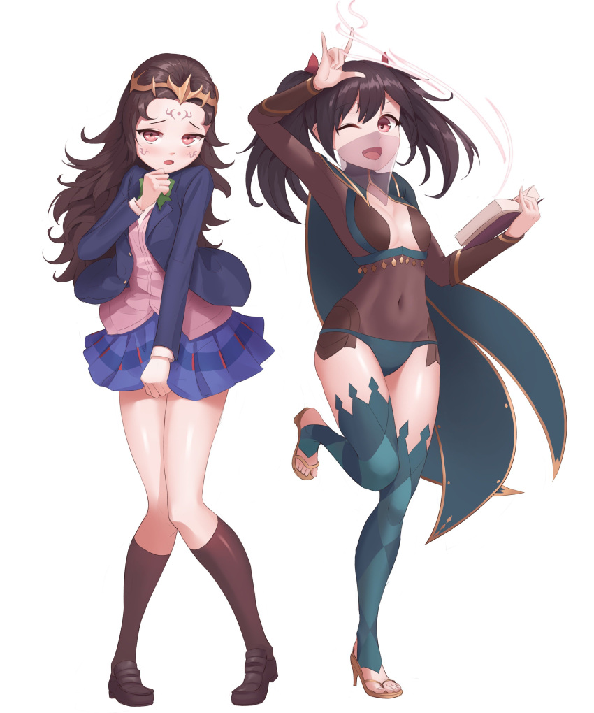 2girls, absurdres, awan0918, black_hair, black_legwear, blush, book, bow