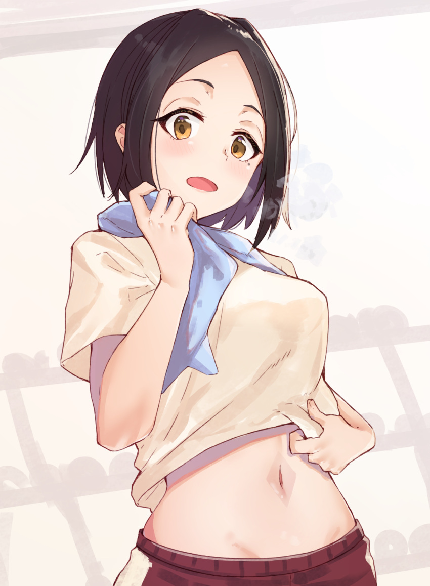 1girl, bangs, blush, breasts, brown_eyes, brown_hair, brown_shirt, commentary_request