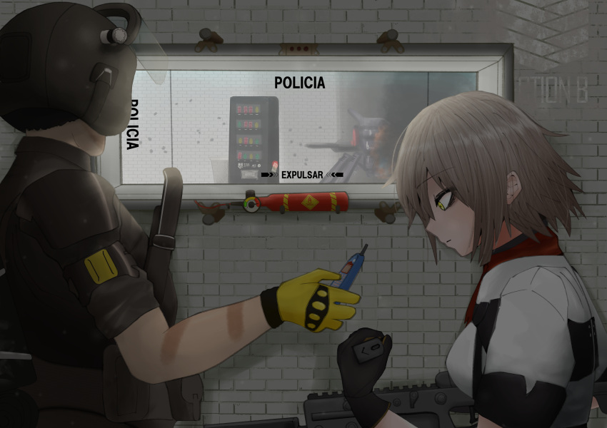 2girls, absurdres, artist_request, explosive, girls_frontline, gun, helmet, highres, kriss_vector, mira_(rainbow_six_siege), multiple_girls, prowler_(girls_frontline), rainbow_six_siege, robot, sangvis_ferri, spanish_text, submachine_gun, tactical_clothes, vector_(girls_frontline), vending_machine, weapon