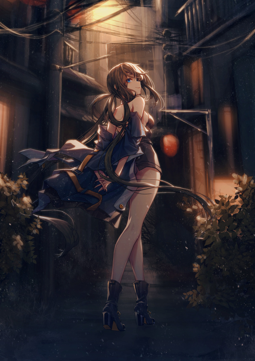 1girl, 909089089, ankle_boots, arms_behind_back, bangs, bare_legs, bare_shoulders, blue_eyes
