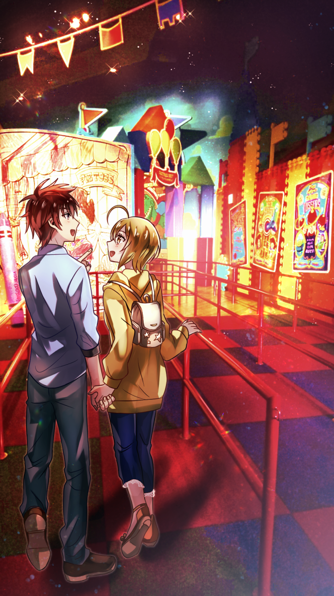 1boy, 1girl, :d, blonde_hair, blue_eyes, blue_pants, brown_footwear, checkered
