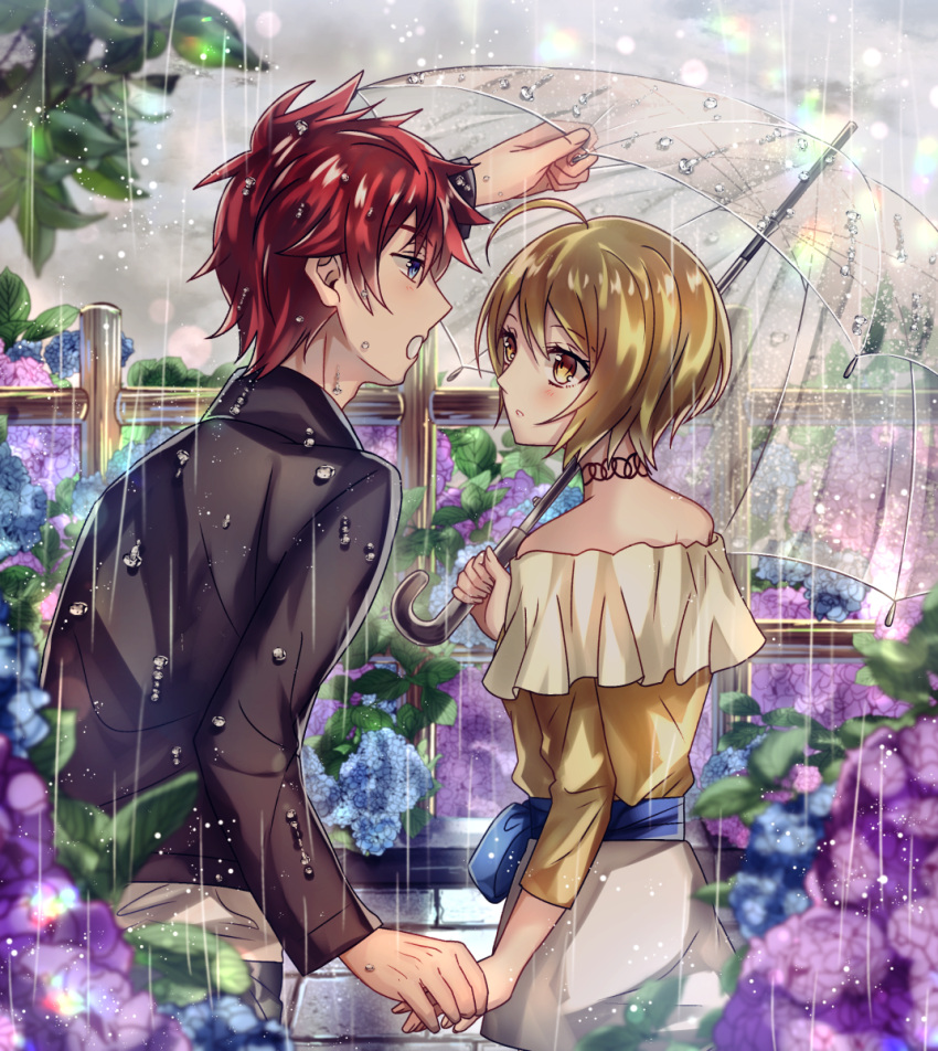 1boy, 1girl, black_shirt, blonde_hair, blue_eyes, blue_flower, blurry_foreground, couple