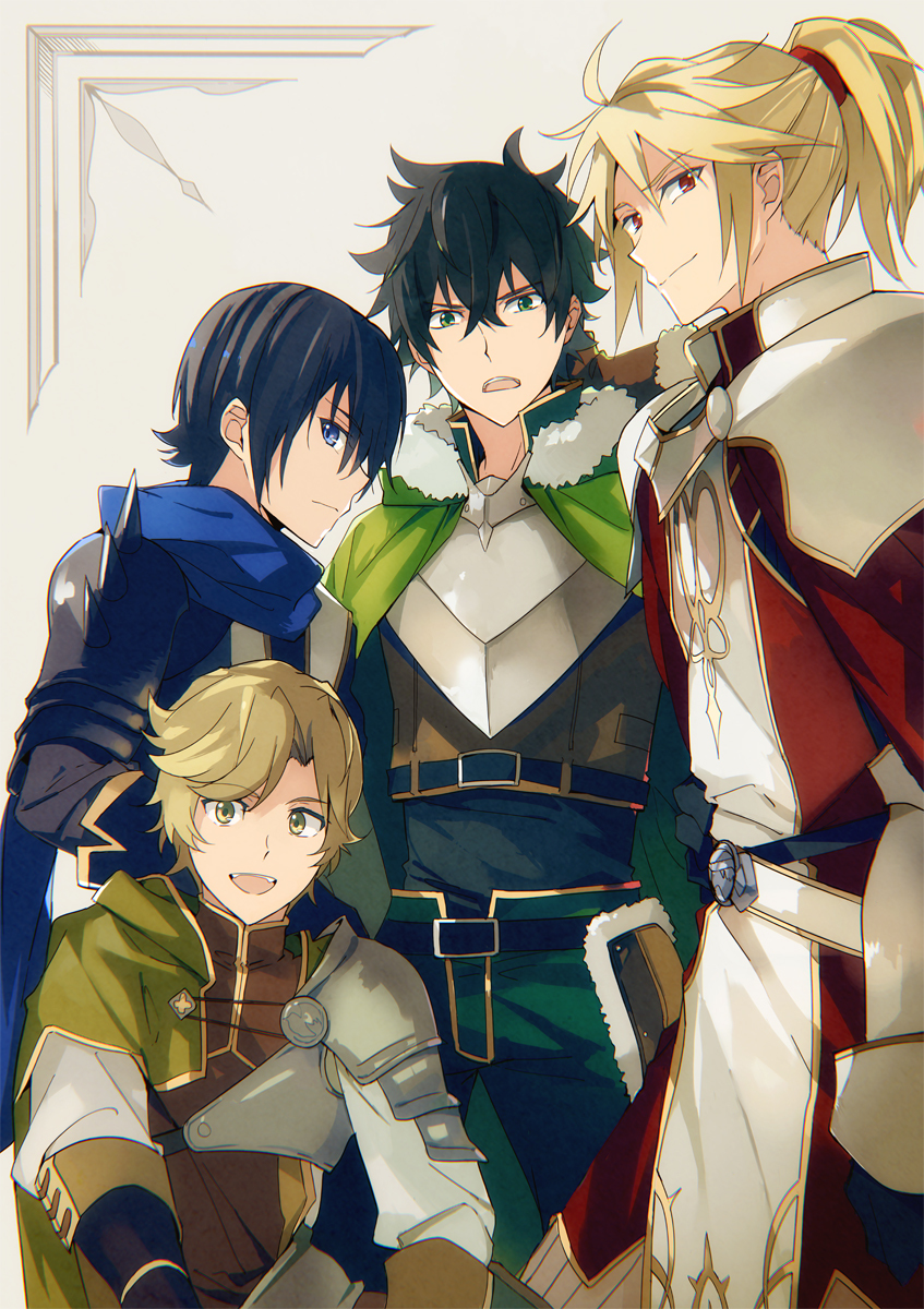 4boys, amaki_ren, armor, black_hair, blonde_hair, cloak, iwatani_naofumi, kawasumi_itsuki, kitamura_motoyasu, red_eyes, tate_no_yuusha_no_nariagari