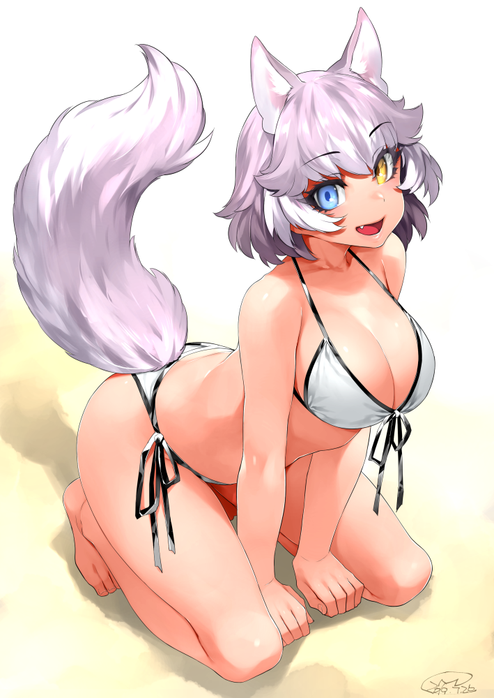 1girl, animal_ears, barefoot, bikini, blue_eyes, breasts, dated, dog_(mixed_breed)_(kemono_friends), dog_ears, dog_tail, eyebrows_visible_through_hair, fang, front-tie_bikini, front-tie_top, grey_hair, happa_(cloverppd), heterochromia, kemono_friends, large_breasts, looking_at_viewer, multicolored_hair, open_mouth, short_hair, side-tie_bikini, solo, swimsuit, tail, two-tone_hair, white_bikini, white_hair, yellow_eyes