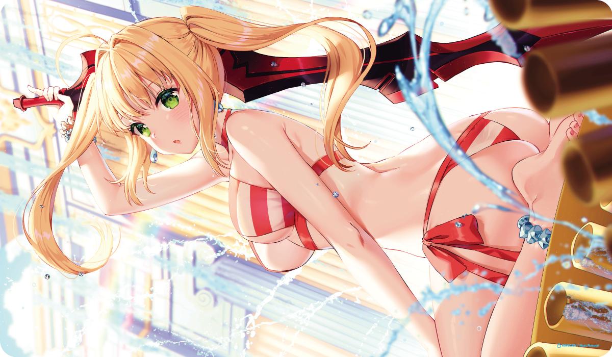 1girl, aestus_estus, ahoge, arm_up, ass, bangs, bare_shoulders, barefoot