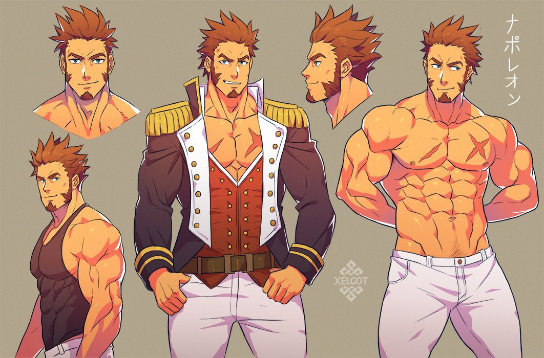 1boy, abs, bara, beard, blue_eyes, brown_hair, chest, collage