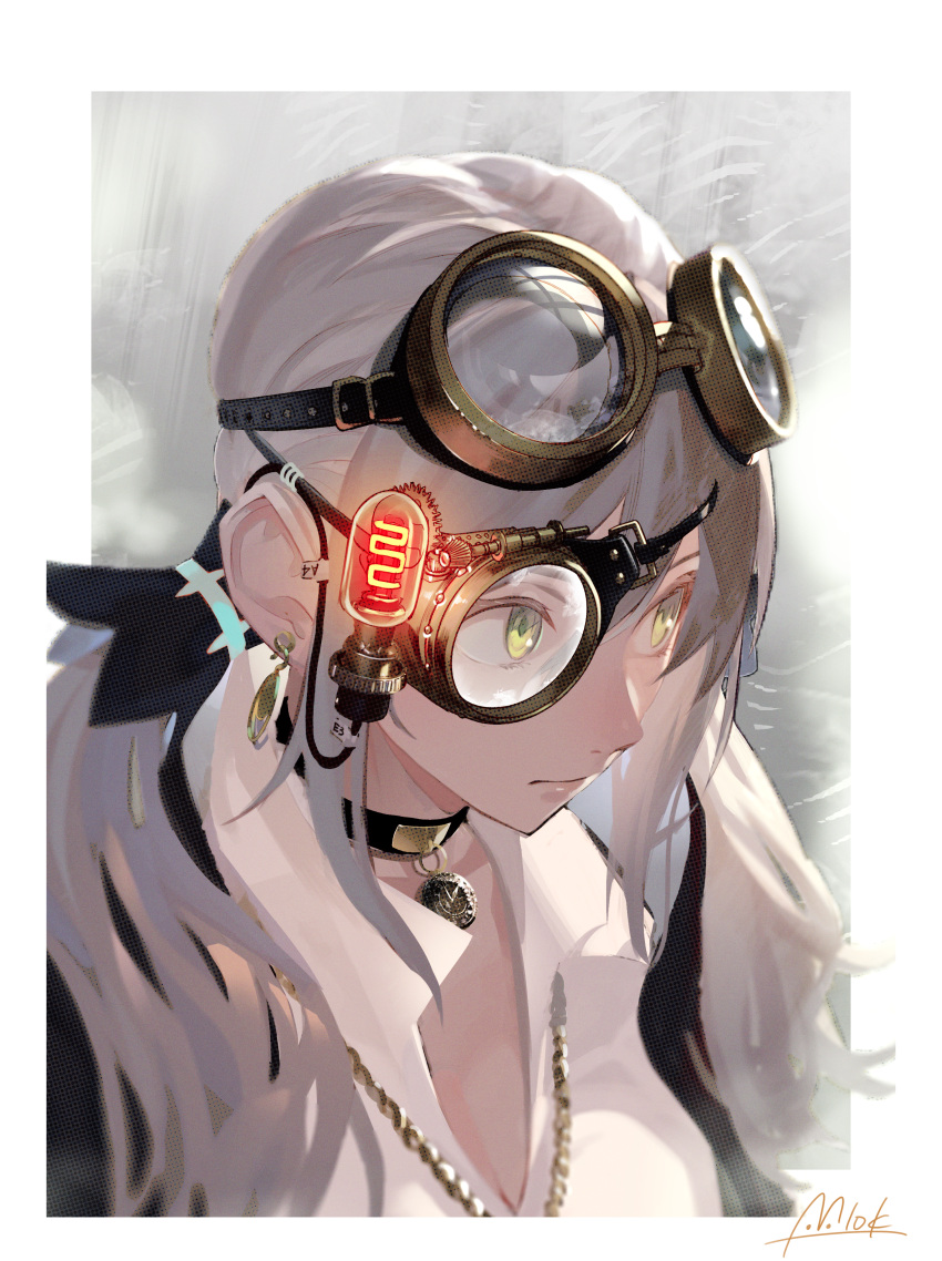 1girl, absurdres, bangs, border, choker, close-up, closed_mouth, earrings