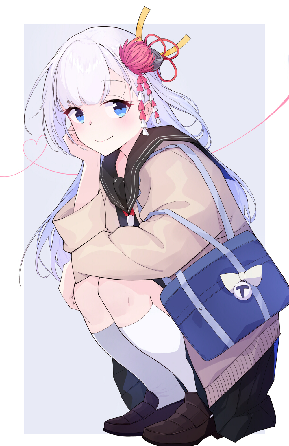 1girl, alternate_costume, azur_lane, bag, bangs, bell, blue_eyes, blue_skirt