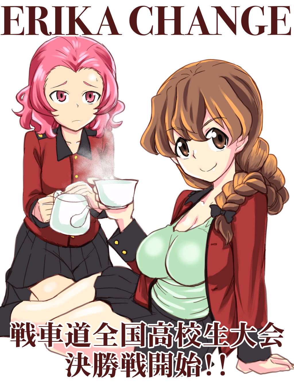 black_ribbon, braid, breasts, brown_eyes, brown_hair, cup, girls_und_panzer, hair_over_shoulder, highres, holding, holding_cup, jacket, large_breasts, looking_at_viewer, medium_hair, open_clothes, open_jacket, pink_eyes, pink_hair, pleated_skirt, red_jacket, ribbon, rosehip, rukuriri, single_braid, skirt, st._gloriana's_military_uniform, sutahiro_(donta), teacup, teapot, translated