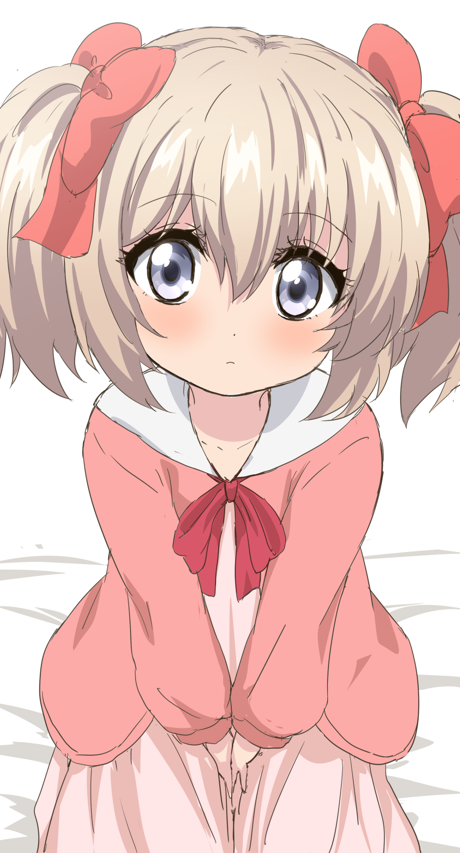 1girl, bangs, bed_sheet, between_legs, blue_eyes, blush, bow, closed_mouth