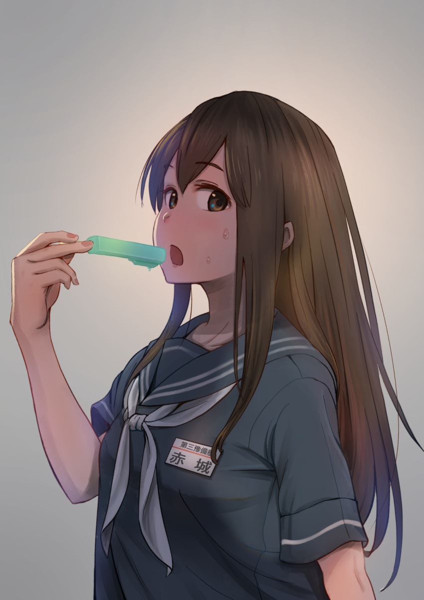1girl, akagi_(kantai_collection), blue_shirt, brown_eyes, brown_hair, commentary_request, food, from_side