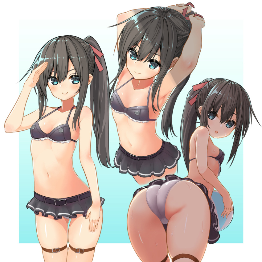1girl, adapted_costume, alternate_hairstyle, asashio_(kantai_collection), ass, ball, belt, bikini
