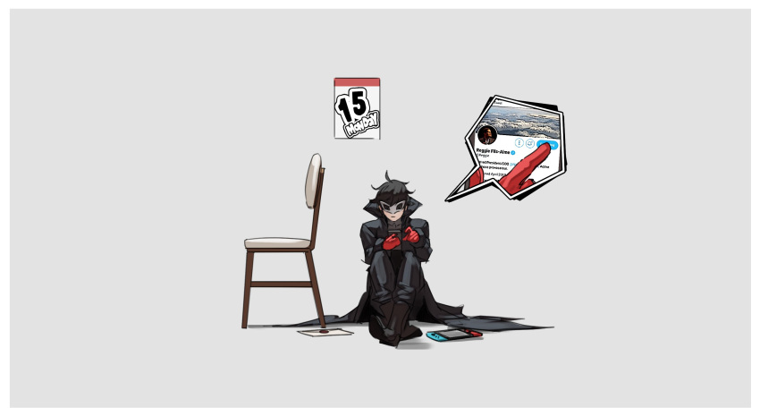 1boy, amamiya_ren, atlus, black_footwear, black_hair, black_jacket, black_pants, boots