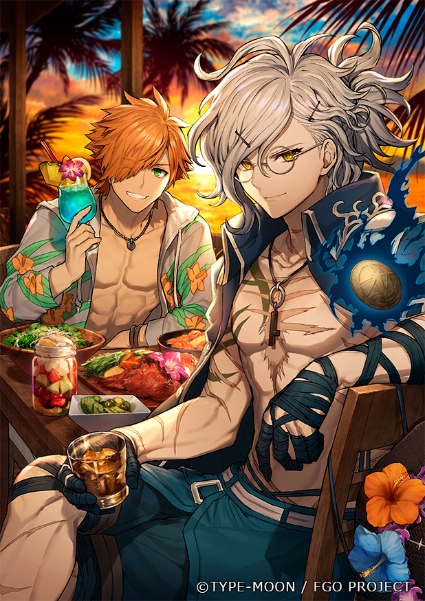 2boys, blue_headwear, blue_jacket, edmond_dantes_(fate/grand_order), fate/grand_order, fate_(series), floral_print, glasses, hair_ornament, hairclip, hat, hood, hoodie, jacket, jacket_on_shoulders, jewelry, male_focus, male_swimwear, mason_jar, monte_cristo_selection, multiple_boys, necklace, official_art, orange_hair, palm_tree, ponytail, robin_hood_(fate), routo, silver_hair, summer_hunter, sunset, swim_trunks, swimwear, tree