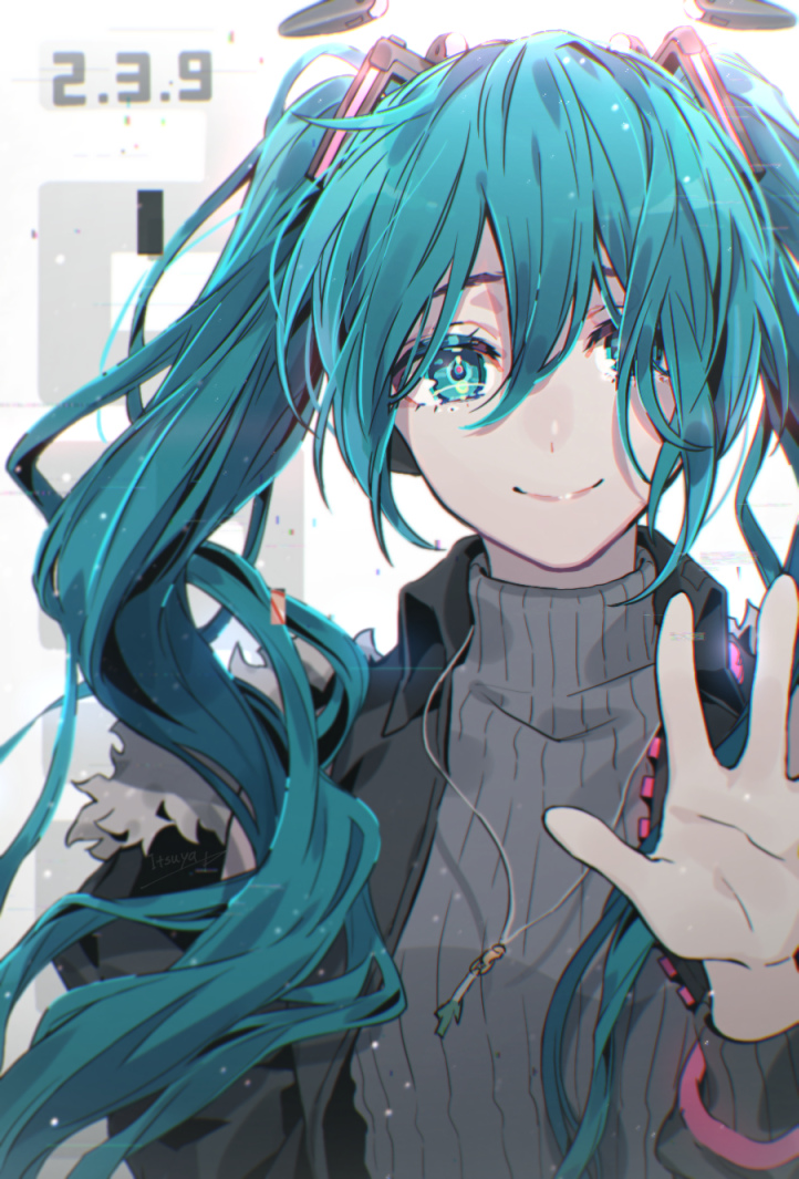 1girl, aqua_eyes, aqua_hair, black_jacket, commentary, cytus, fur-trimmed_jacket, fur_trim