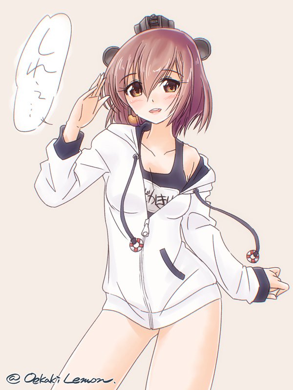 1girl, beige_background, black_swimsuit, brown_eyes, brown_hair, contrapposto, cowboy_shot, headgear