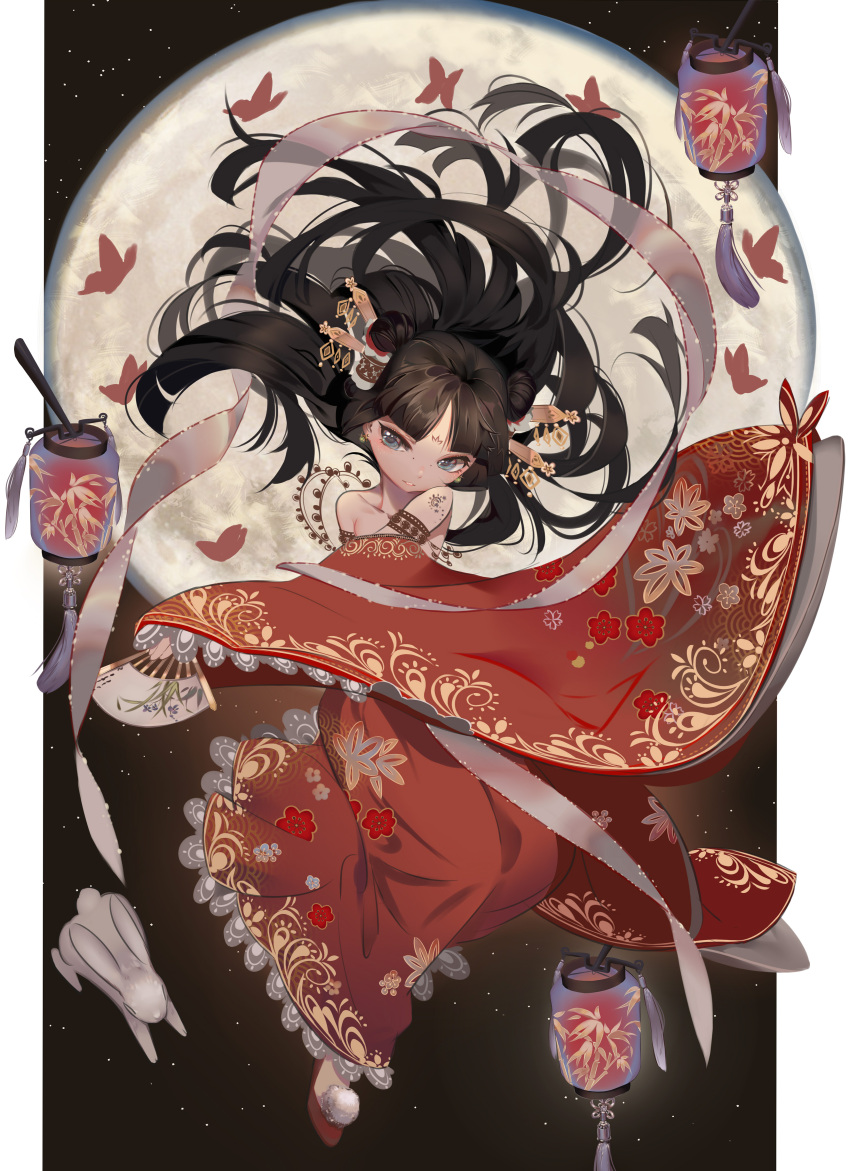 1girl, absurdres, bangle, bangs, bare_shoulders, bird, black_hair, blue_eyes, blunt_bangs, bracelet, chang'e, child, chinese_clothes, collarbone, commentary_request, detached_sleeves, dress, fan, floating, floating_hair, goddess, headdress, highres, jewelry, lantern, lming_(2072878058), long_hair, long_sleeves, looking_at_viewer, moon, original, paper_fan, paper_lantern, rabbit, red_dress, sleeves_past_fingers, sleeves_past_wrists, smile, solo, tattoo, wide_sleeves