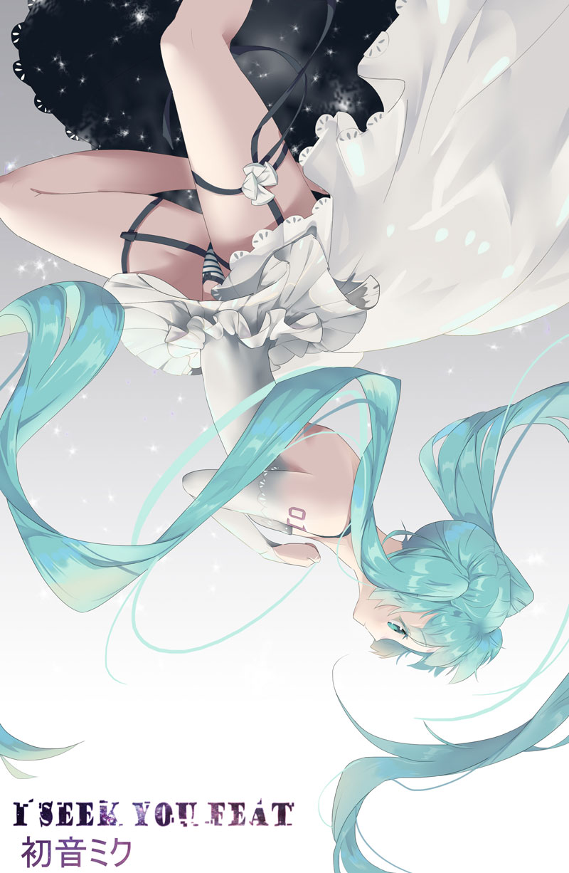 1girl, aqua_eyes, aqua_hair, bare_shoulders, commentary, detached_sleeves, dress, hatsune_miku, highres, lming_(2072878058), panties, pantyshot, pantyshot_(upside-down), ribbon, skirt, solo, striped, striped_panties, tattoo, twintails, underwear, upside-down, vocaloid, white_dress, white_ribbon, white_skirt