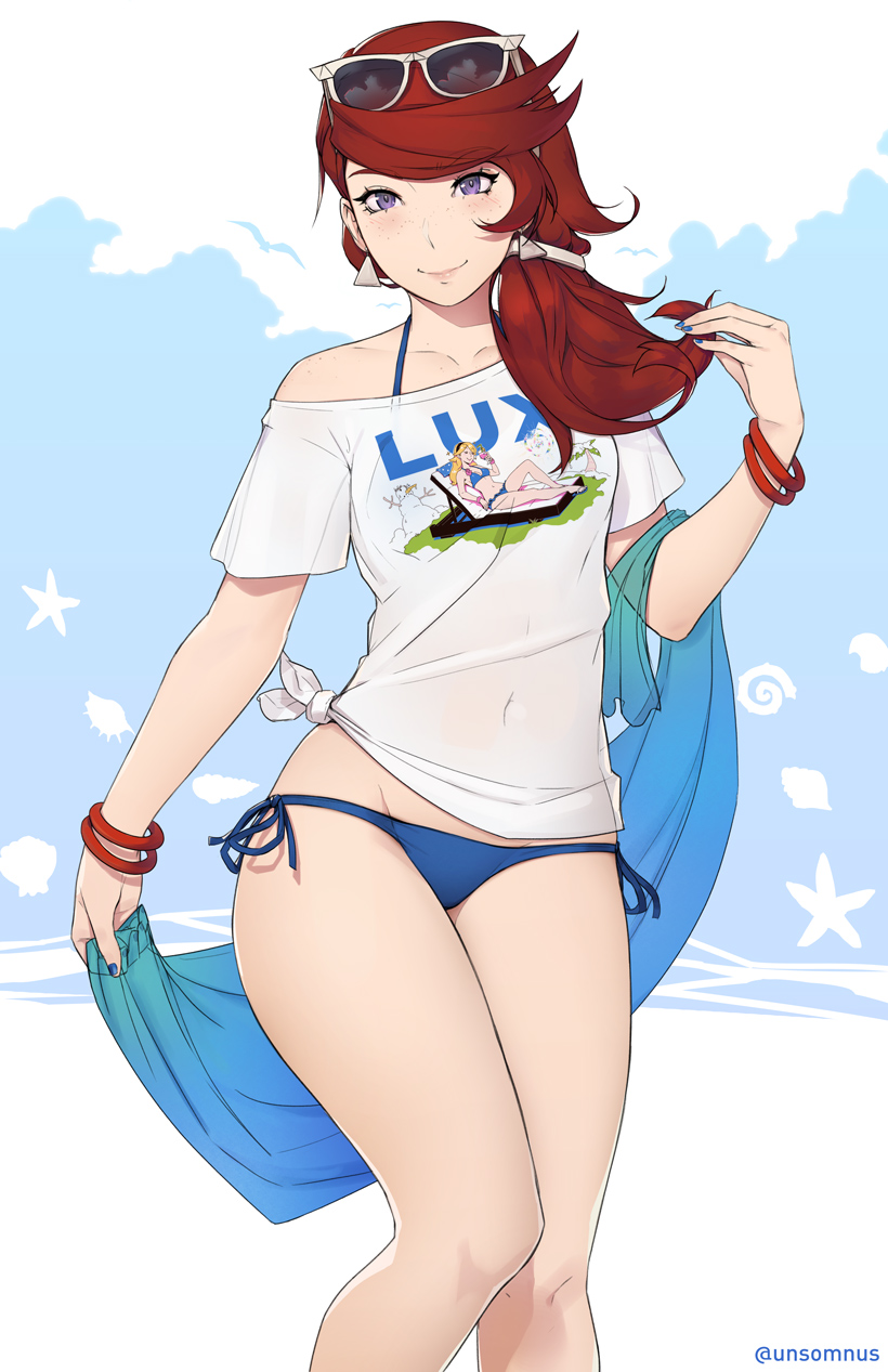 1girl, bangle, bikini, blue_bikini, blue_nails, borrowed_character, bracelet, cameo, carolynne_d'azur, commentary, covered_navel, duplicate, earrings, english_commentary, flat_chest, freckles, hair_over_shoulder, highres, jewelry, league_of_legends, low_ponytail, luxanna_crownguard, off-shoulder_shirt, off_shoulder, original, print_shirt, redhead, shirt, side-tie_bikini, side-tie_shirt, smile, solo, standing, swimsuit, t-shirt, towel, triangle_earrings, twitter_username, unsomnus, violet_eyes, wet, wet_clothes, wet_shirt, wet_t-shirt