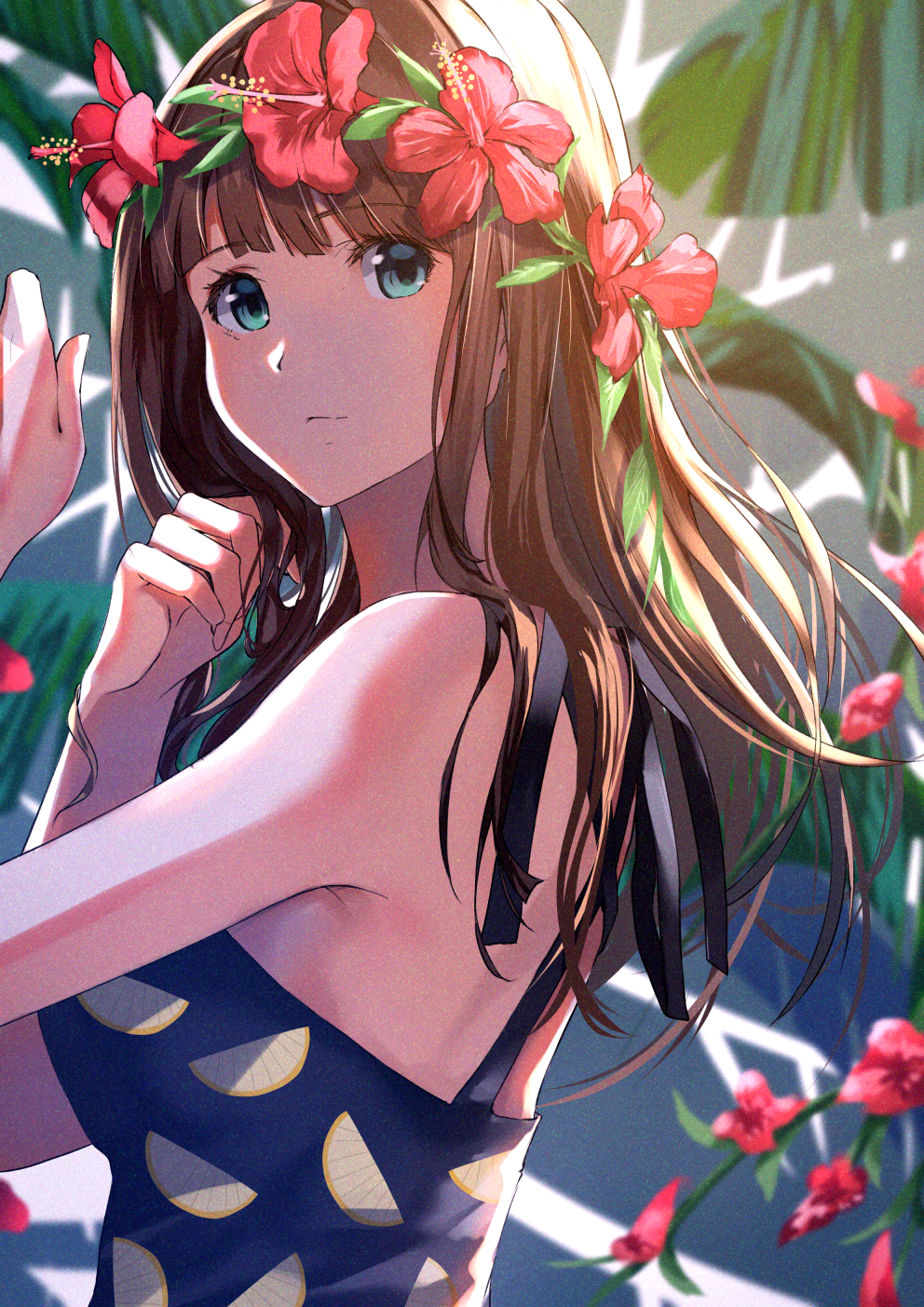 1girl, armpit_peek, arms_up, bangs, bare_arms, blue_dress, blue_eyes, breasts, brown_hair, curled_fingers, day, dress, expressionless, eyebrows_visible_through_hair, flower, flower_wreath, from_side, fruit_pattern, hibiscus, highres, long_hair, looking_at_viewer, medium_breasts, original, outdoors, palm_leaf, plant, solo, sone_(takahiro-osone), standing, sundress, upper_body, vines