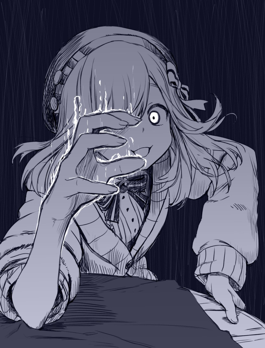1girl, beret, commentary_request, creepy_eyes, dark_background, glowing, hands, hat