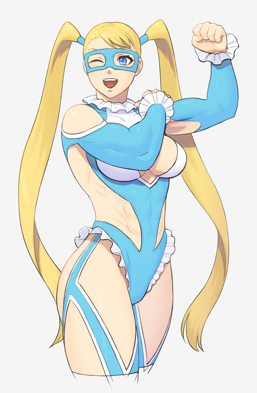 1girl, ;d, abs, arm_up, bangs, bare_shoulders, blonde_hair, blue_eyes