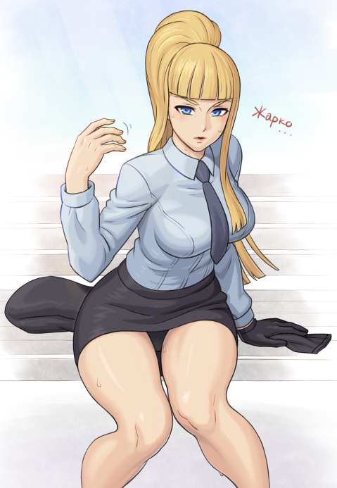 1girl, bangs, black_gloves, black_jacket, black_neckwear, black_skirt, blonde_hair, blue_eyes