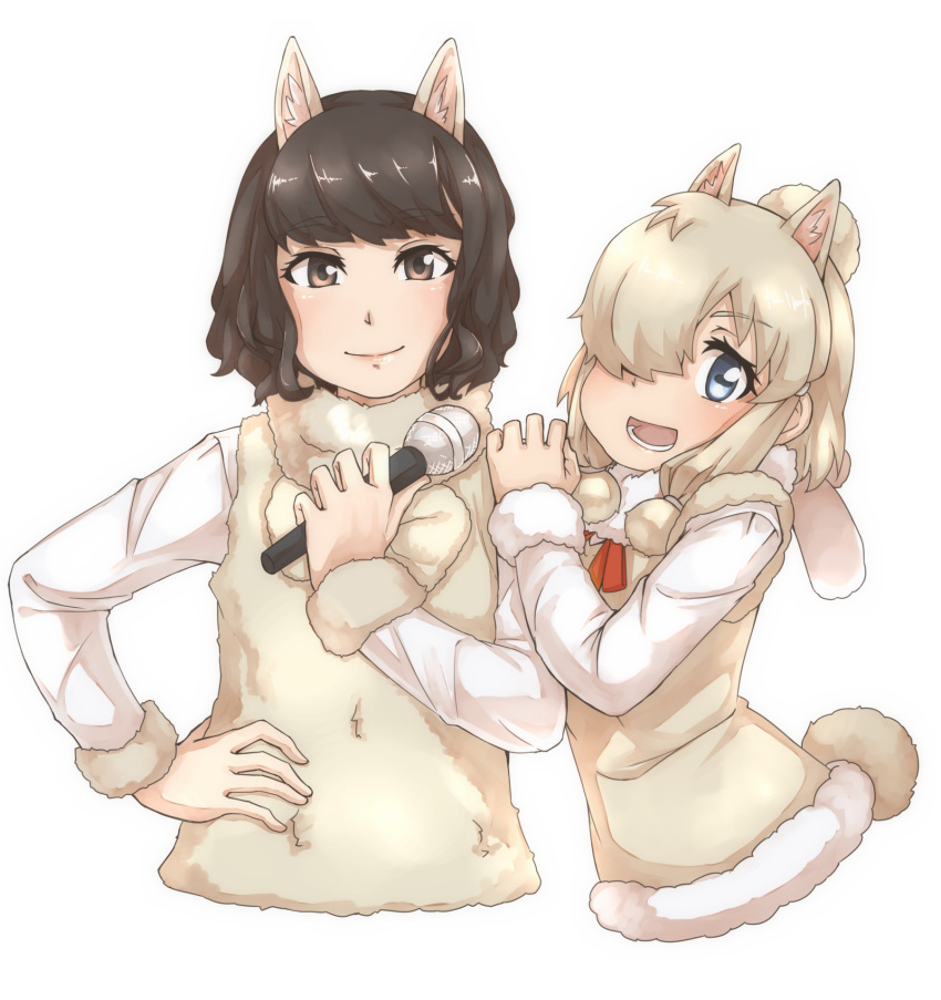 2girls, :d, alpaca_ears, alpaca_suri_(kemono_friends), alpaca_suri_(kemono_friends)_(cosplay), alpaca_tail, animal_ears, bangs